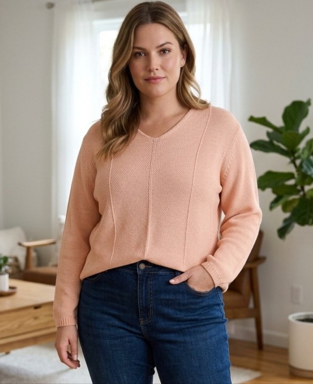 Olsen Europe Peach V-Neck Sweater Textured Knit Classic Fit Minimalist Chic US12